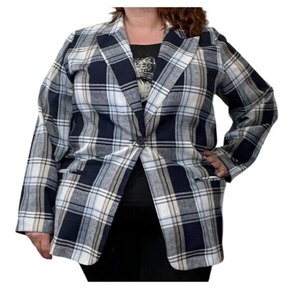 Vintage Fashion Bug Plaid Blazer Blue White Single Button Jacket Womens L Large - Picture 1 of 4
